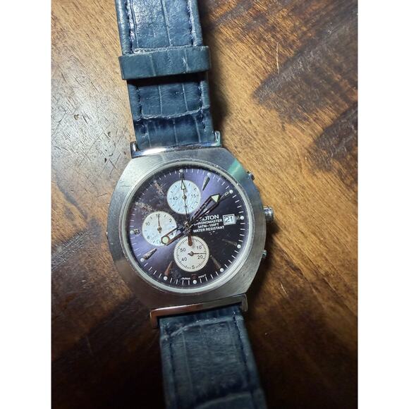 Croton Chronomaster Quartz Chronograph Watch Blue Leather Strap Date Display